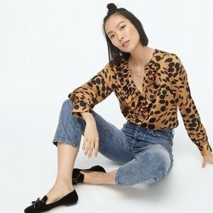 J. Crew Long-Sleeve Ruffle-Front Top Wavy Dots Size Small S Animal Print Silky